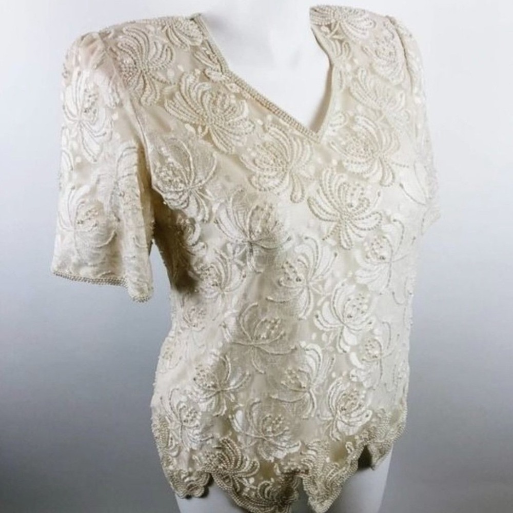 Vintage Ivory Lace Beaded Pearl Blouse XL Scalloped Hem V-Neck Formal Top - Picture 3 of 8
